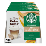 Box of Starbucks Latte Macchiato Nescafe Dolce Gusto coffee pods on a white background