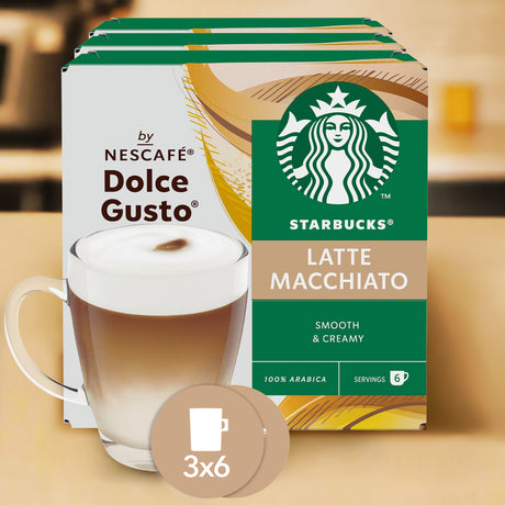 Starbucks Latte Macchiato coffee pod Case with Nescafe Dolce Gusto branding.