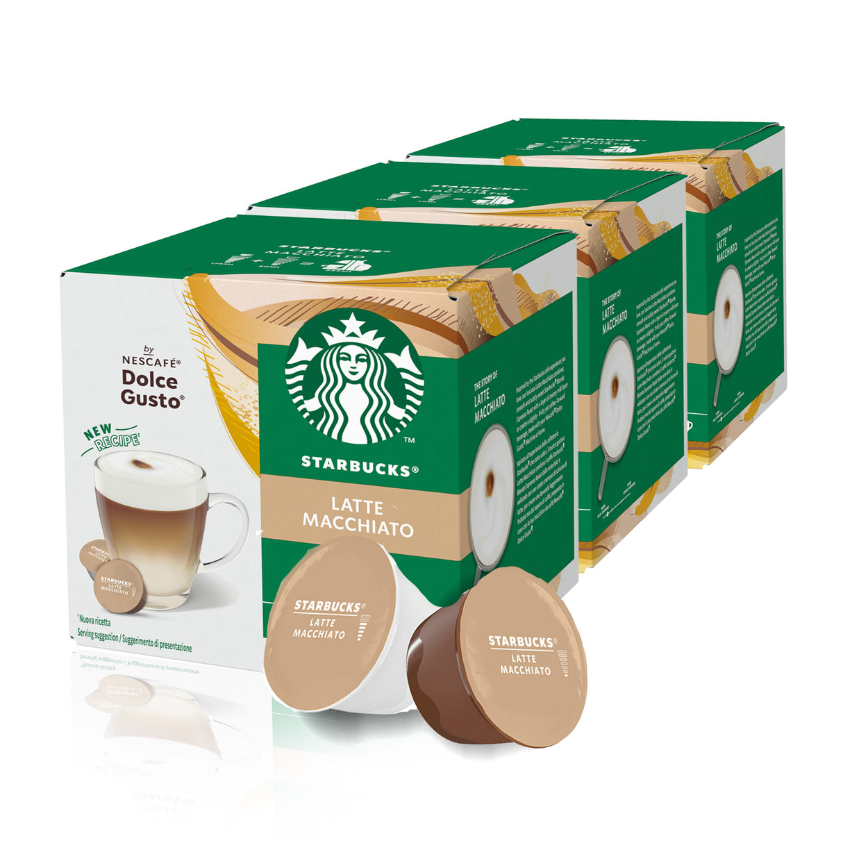Starbucks Latte Macchiato coffee pods 3pack on a white background