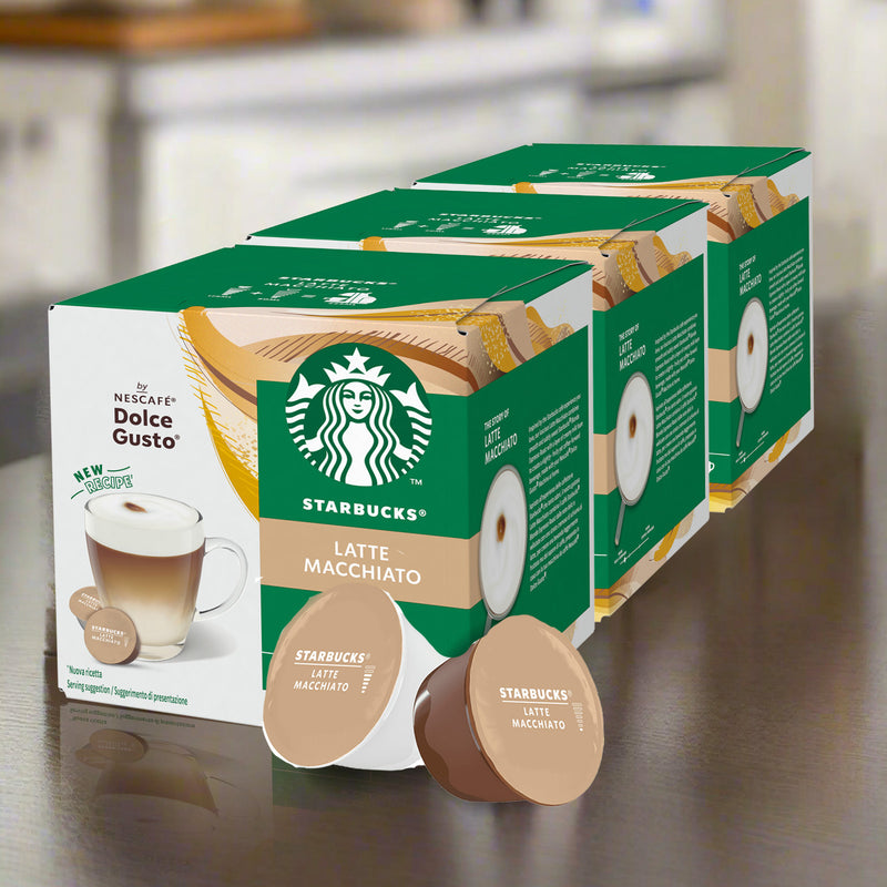 Starbucks Latte Macchiato coffee pods case on a reflective surface.