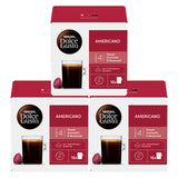 Three boxes of Nescafe Dolce Gusto Americano coffee pods on a white background