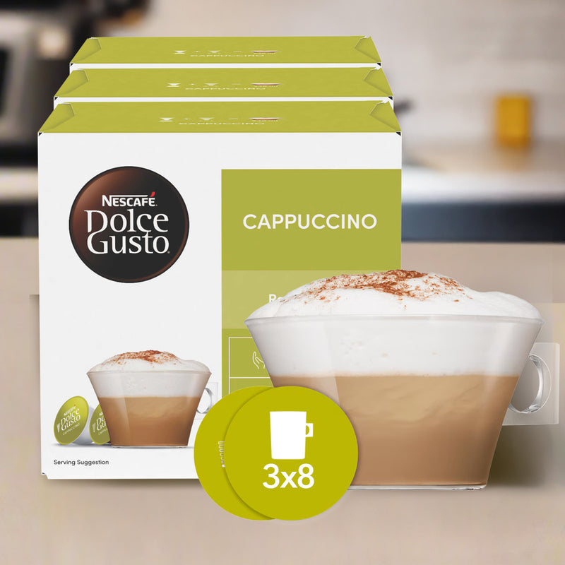 Nescafe Dolce Gusto Cappuccino coffee pod packaging on a kitchen counter.