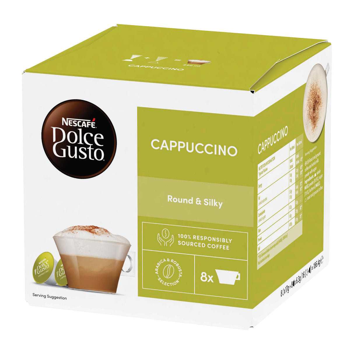 Nescafe Dolce Gusto Cappuccino coffee pod box on a white background