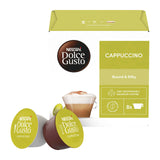 Nescafe Dolce Gusto Cappuccino coffee capsules with packaging on a white background