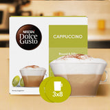 Nescafe Dolce Gusto Cappuccino coffee pod box on a blurred kitchen background