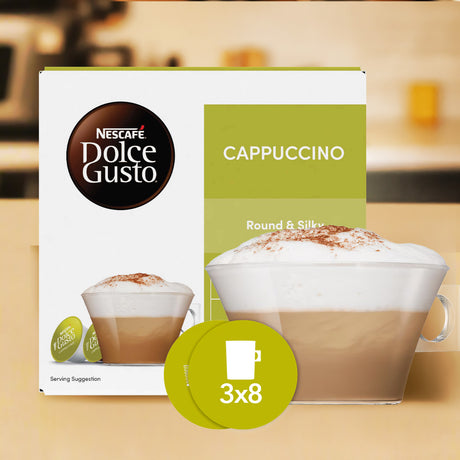 Nescafe Dolce Gusto Cappuccino coffee pod box on a blurred kitchen background