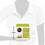 Nescafe Dolce Gusto Cappuccino coffee pod packaging on a mannequin with dimensions indicated.