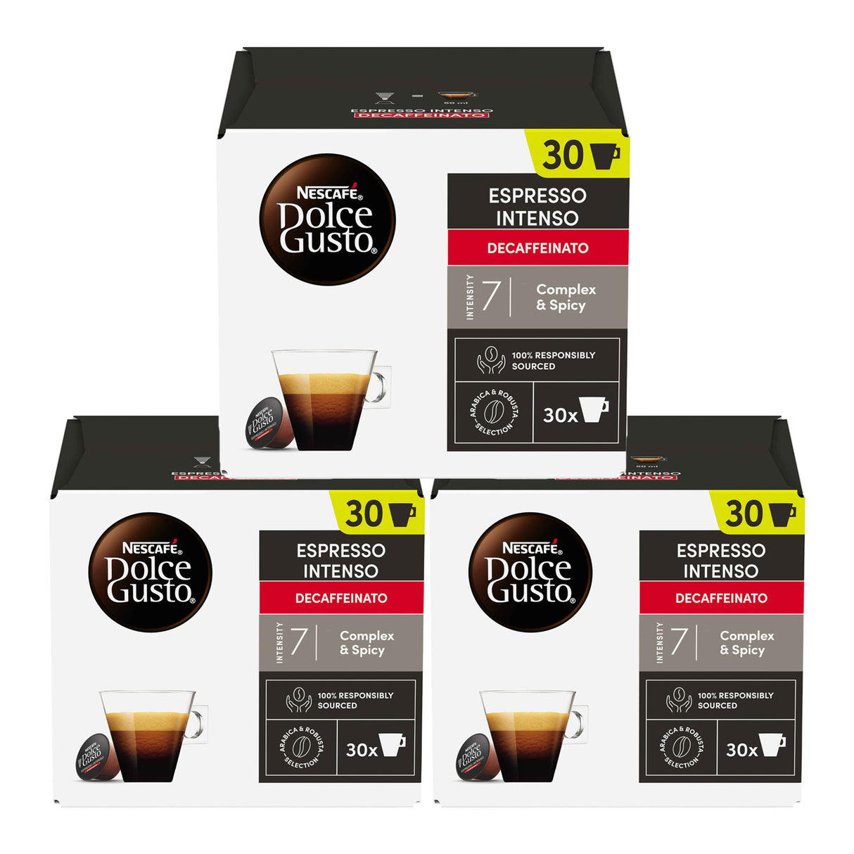 Three boxes of Nescafe Dolce Gusto Espresso Intenso Decaffeinato coffee capsules on a white background