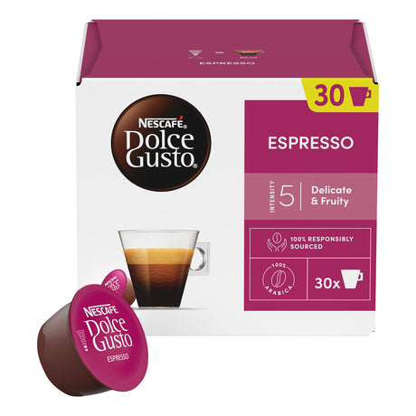 Nescafe Dolce Gusto Espresso coffee capsule packaging with a cup of espresso.