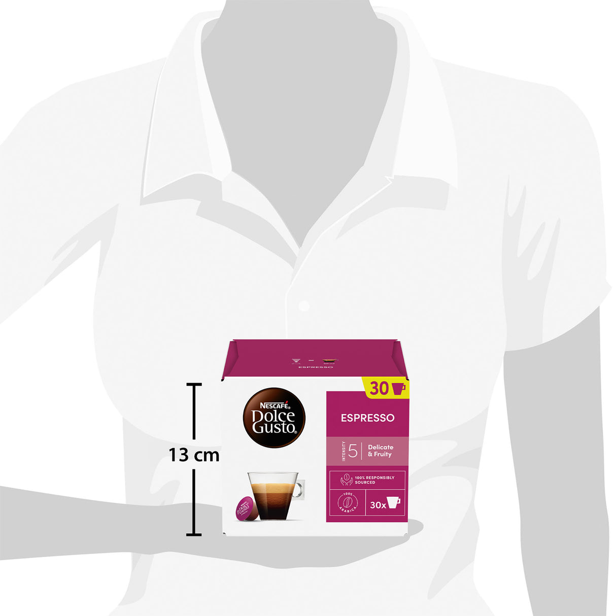 Dolce Gusto Espresso coffee capsule packaging held by a mannequin against a white background