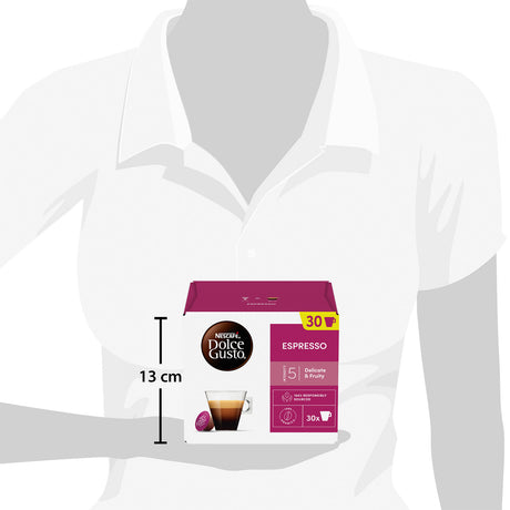 Dolce Gusto Espresso coffee capsule packaging held by a mannequin against a white background