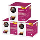 Three boxes of Nescafe Dolce Gusto Espresso coffee capsules on a white background