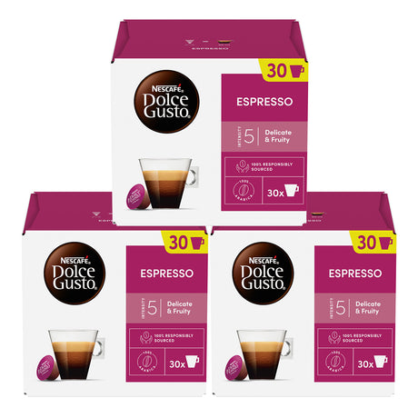 Three boxes of Nescafe Dolce Gusto Espresso coffee capsules on a white background