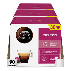Nescafe Dolce Gusto Espresso coffee capsule packaging with 30 capsules.