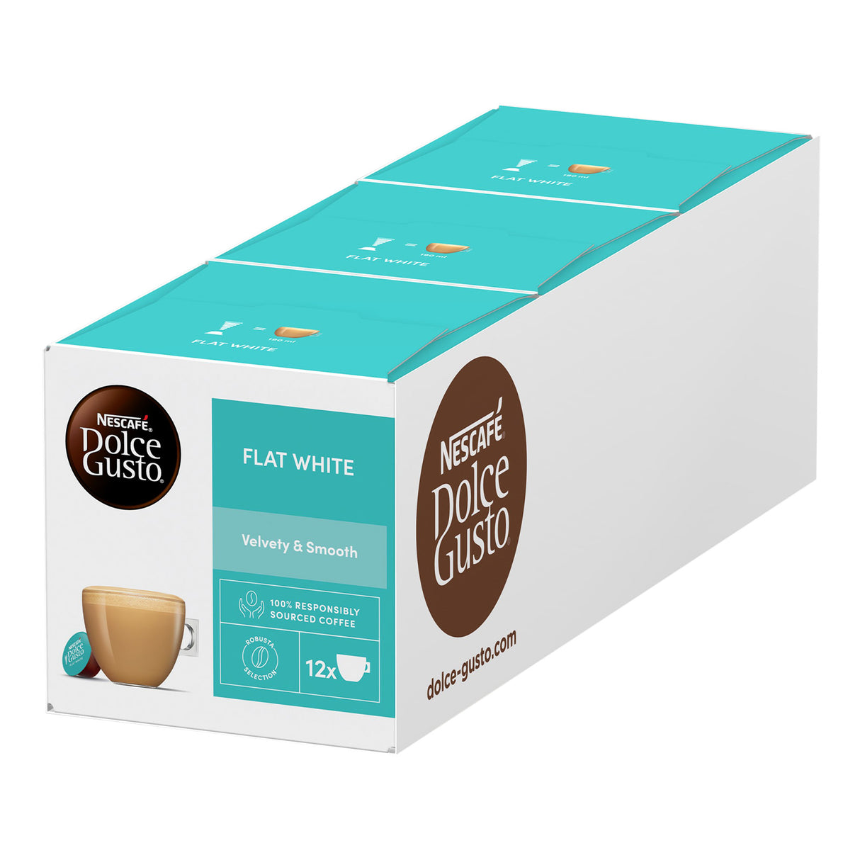 Box of Nescafe Dolce Gusto Flat White coffee capsules on a white background