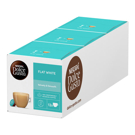 Box of Nescafe Dolce Gusto Flat White coffee capsules on a white background