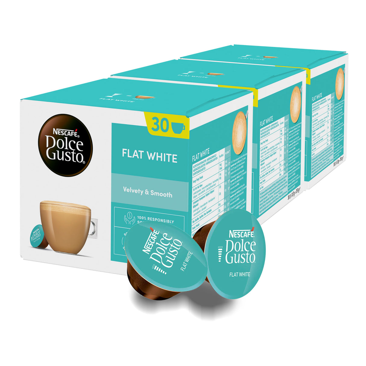 Box of Nescafe Dolce Gusto Flat White coffee capsules on a white background