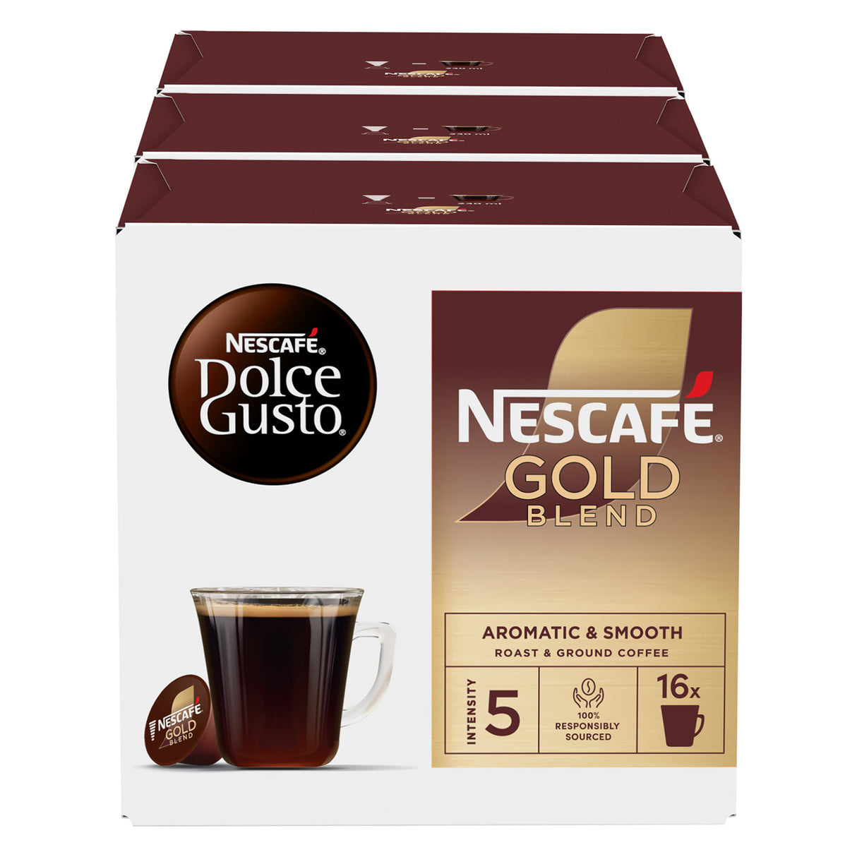 Packaging of Nescafe Dolce Gusto and Nescafe Gold Blend coffee capsules on a white background
