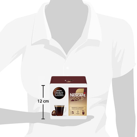 Nescafe Gold coffee pack on a mannequin with dimensions indicated
