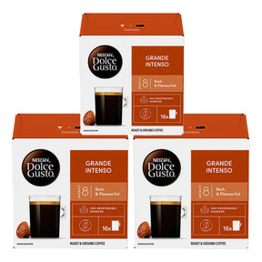 Three boxes of Nescafe Dolce Gusto Grande Intenso coffee capsules on a white background