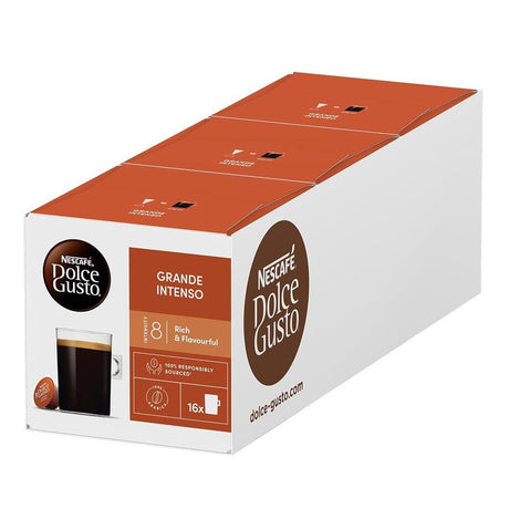 Box of Nescafe Dolce Gusto Grande Intenso coffee pods on a white background
