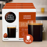 Nescafe Dolce Gusto Grande Intenso coffee pod box with a glass of coffee.