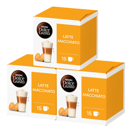 Three boxes of Nescafe Dolce Gusto Latte Macchiato coffee capsules on a white background