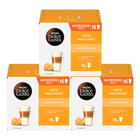 Three boxes of Nestle Dolce Gusto Latte Macchiato coffee capsules on a white background