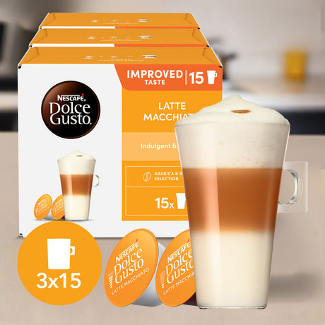 Nescafe Dolce Gusto Latte Macchiato coffee pod box with a glass of coffee in the foreground.