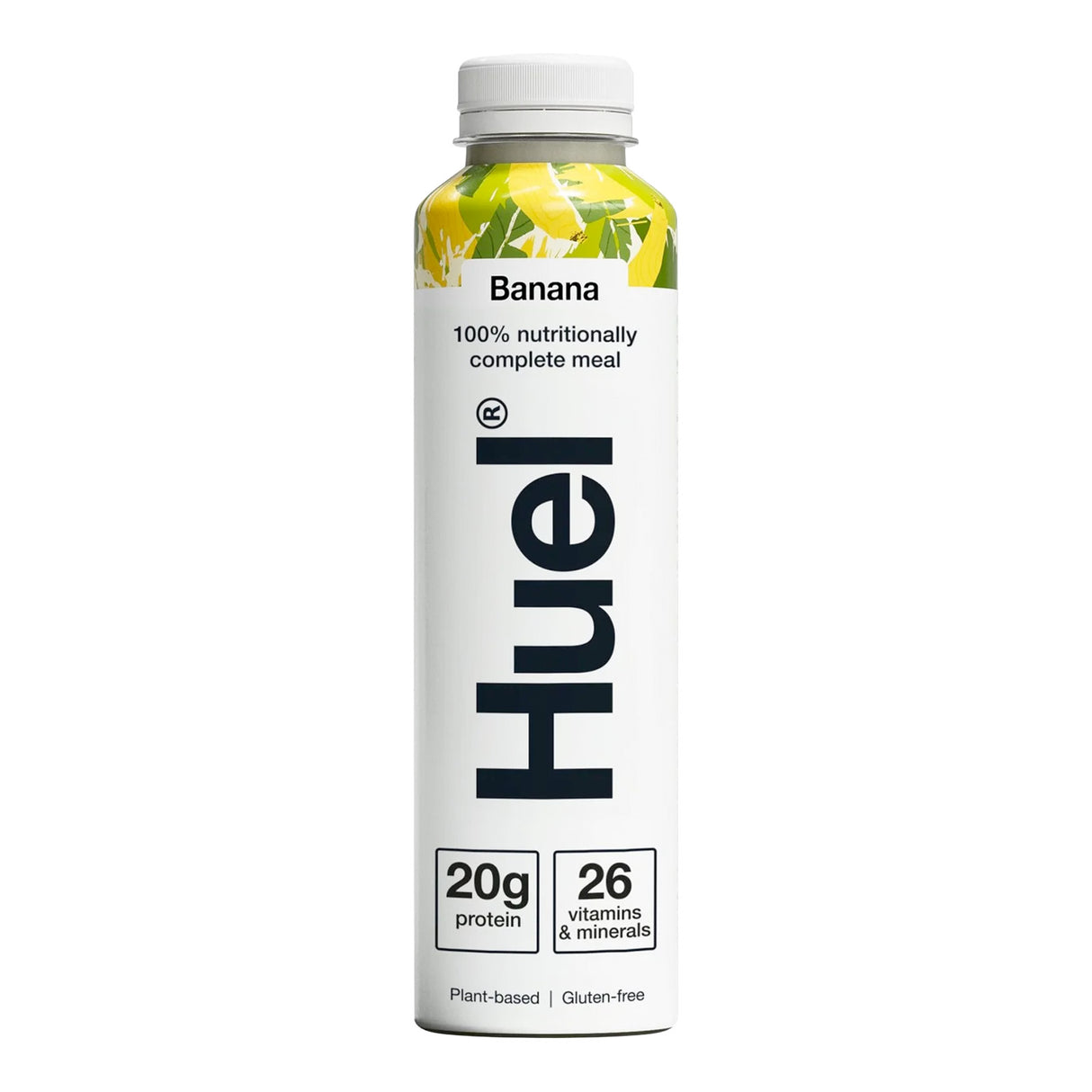 Huel banana-flavored nutrition bottle on a white background