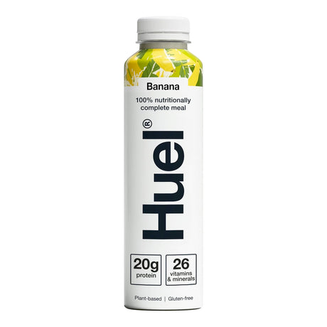 Huel banana-flavored nutrition bottle on a white background