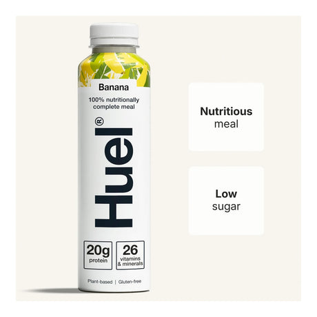 Huel banana nutrition shake container on a white background