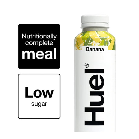 Huel banana nutritional supplement bottle with text about nutrition and sugar content on a white background