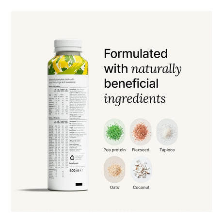 Bottle of a nutritional drink with ingredients listed on a white background