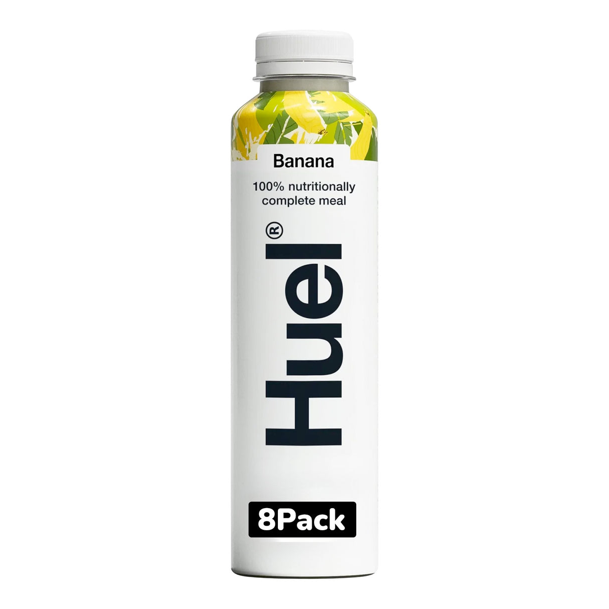 Huel banana-flavored meal replacement shake container on a white background
