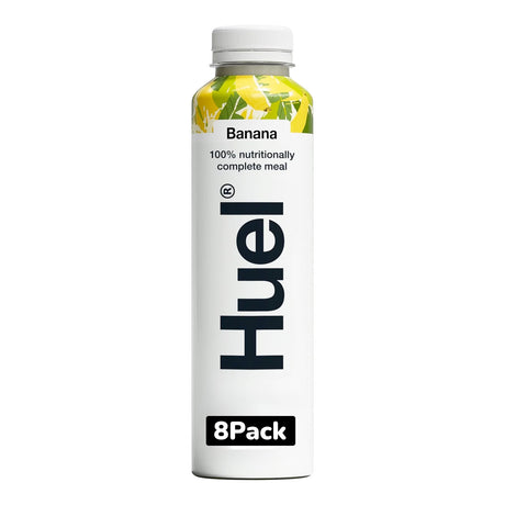 Huel banana-flavored meal replacement shake container on a white background