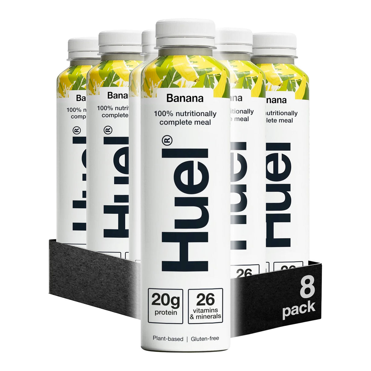Pack of Huel banana-flavored nutritional meal replacements with visible branding.