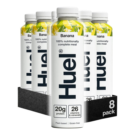 Pack of Huel banana-flavored nutritional meal replacements with visible branding.