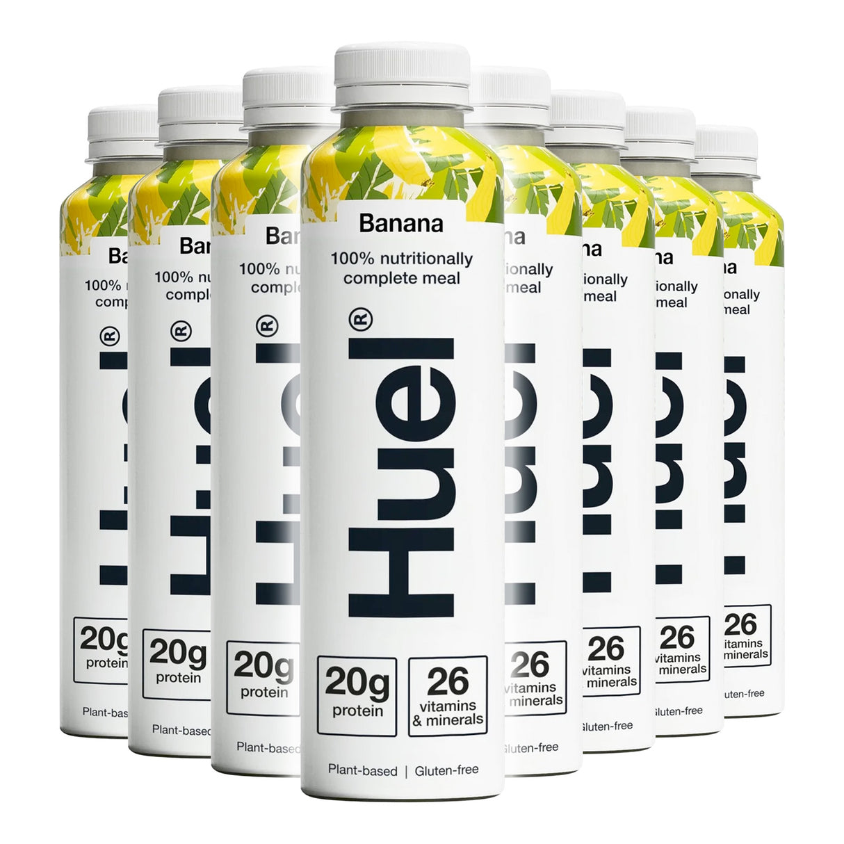 Multiple bottles of Hue nutritional meal replacement with banana flavor on a white background