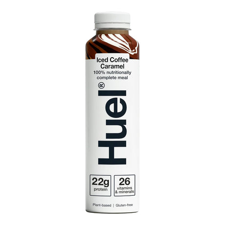 Huel iced coffee caramel meal replacement shake bottle on a white background