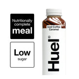 Huel iced coffee caramel bottle with nutritional information on a white background