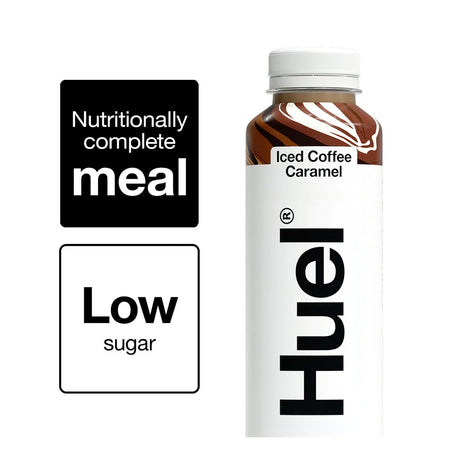 Huel iced coffee caramel bottle with nutritional information on a white background