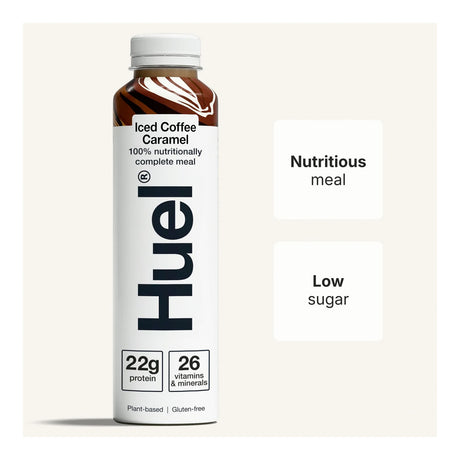 Huel iced coffee caramel meal replacement shake bottle on a white background