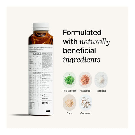 Bottle of a nutritional drink with ingredients listed on a white background
