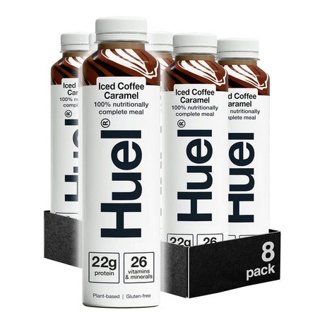 Huel iced coffee caramel meal replacement drinks in a 8-pack box