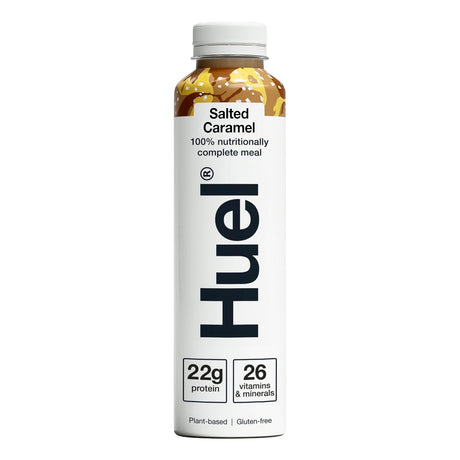 Huel Salted Caramel meal replacement shake bottle on a white background