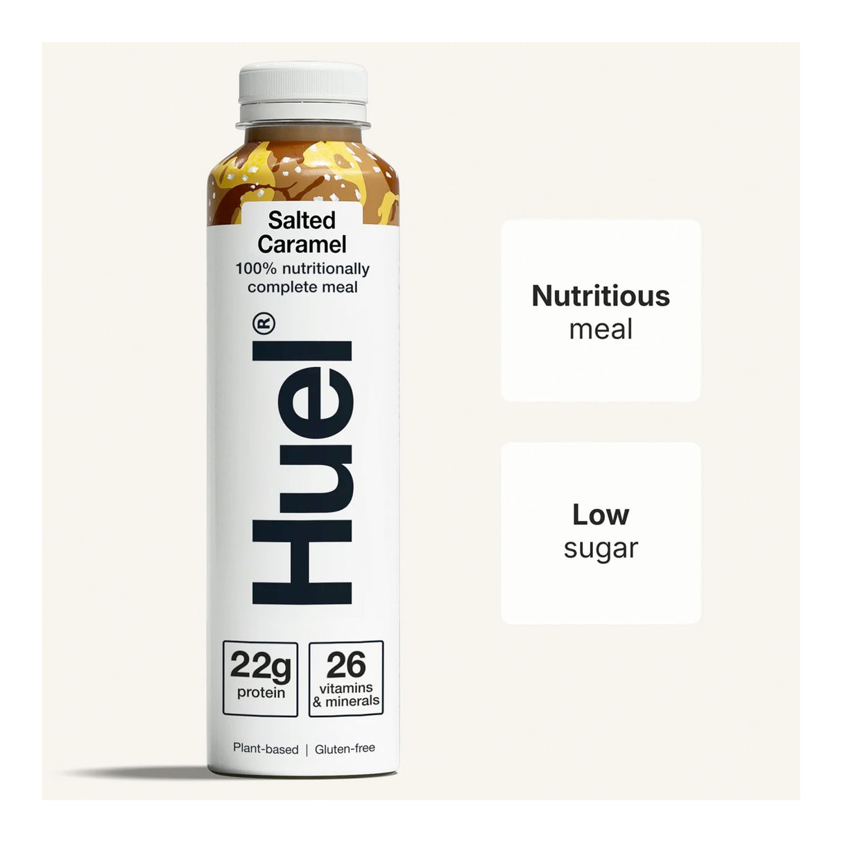 Huel Salted Caramel meal replacement shake container on a light beige background
