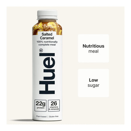 Huel Salted Caramel meal replacement shake container on a light beige background