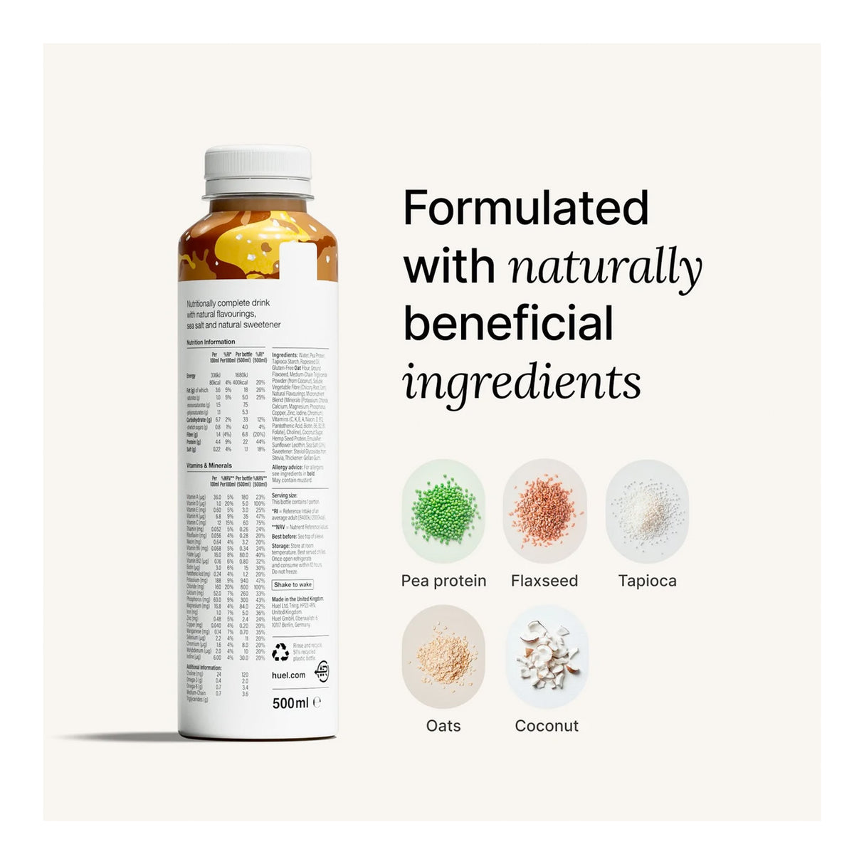 Naturally beneficial ingredients on a product label with a bottle in the background