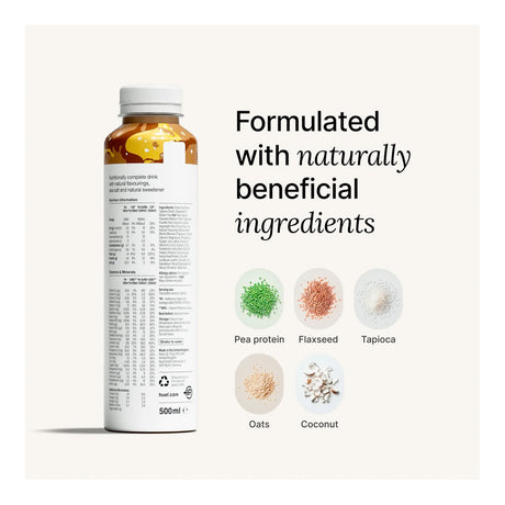Naturally beneficial ingredients on a product label with a bottle in the background